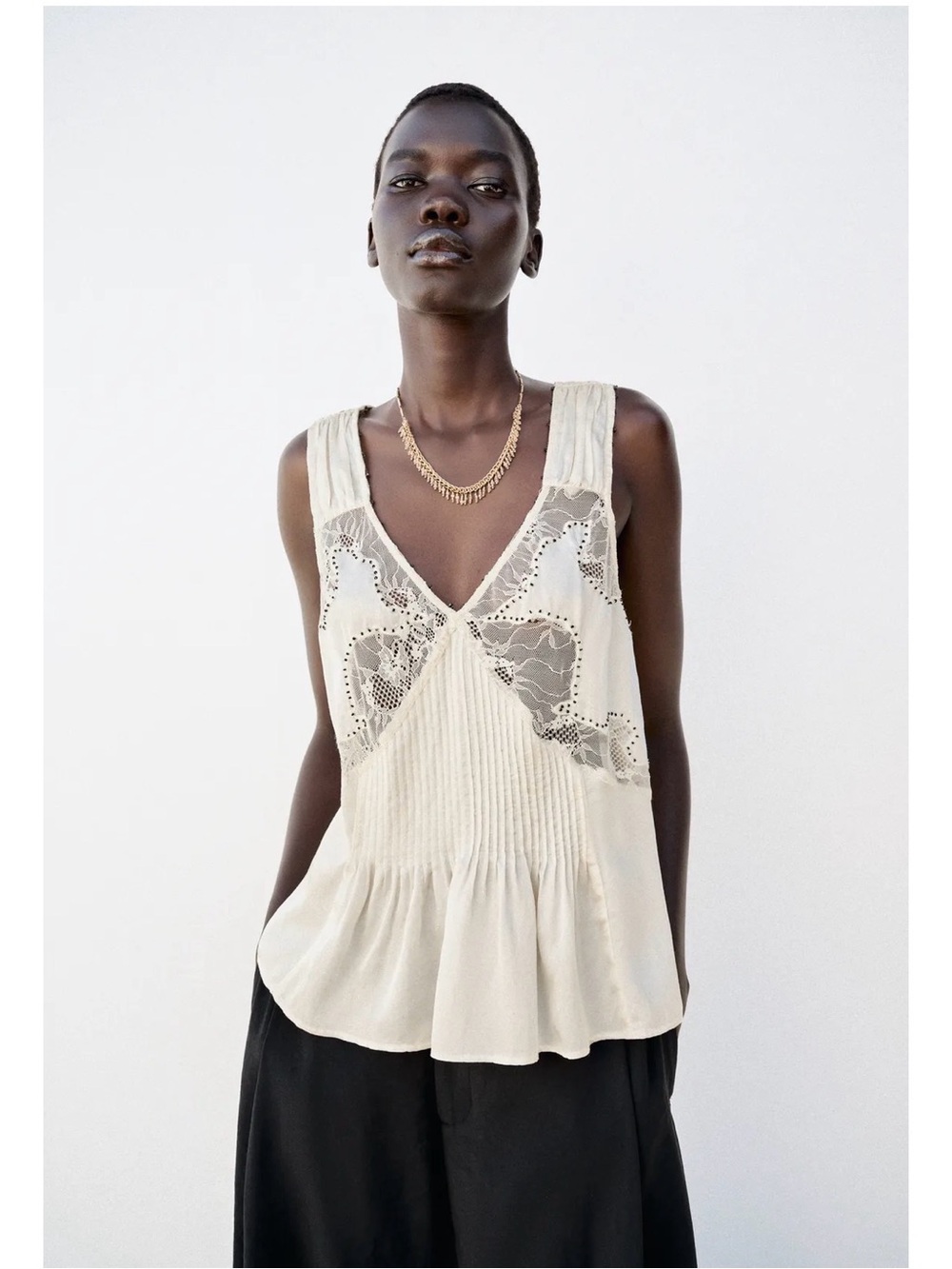 Zara Cream Lace-Trim Pleated V-Neck Camisole